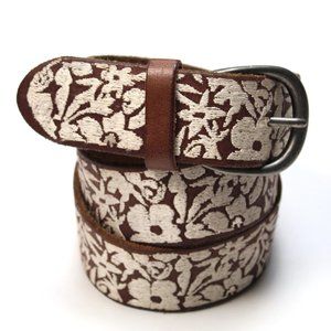 Lucky Brand Leather Belt Brown All Over Cream Floral Embroidery Silver Buckle